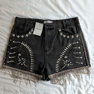 Forever 21 Black Jeweled Fringe Denim Shorts